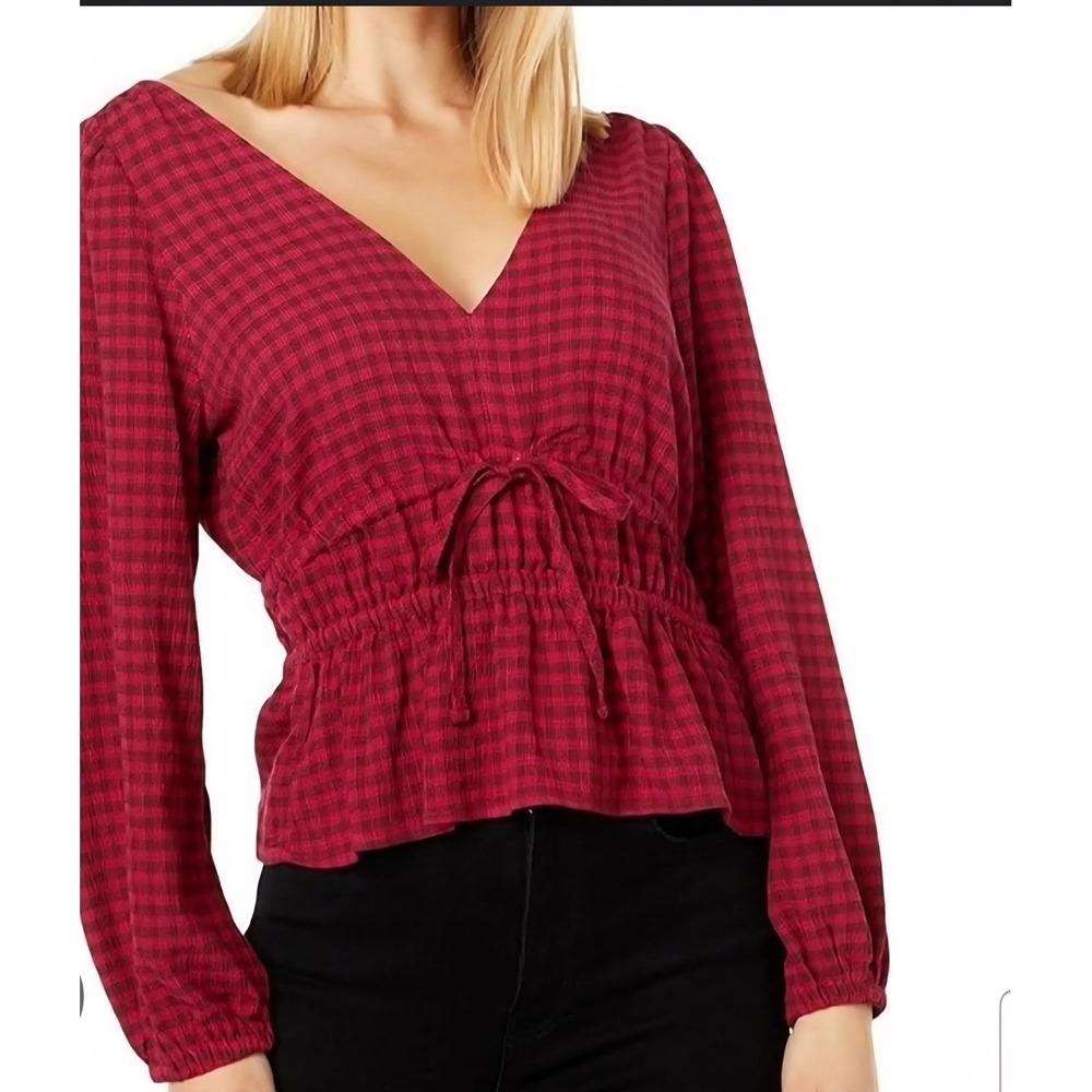 Madewell Saffi Top Longsleeve Peplum Check Puff Sleeve‎ Size Medium
